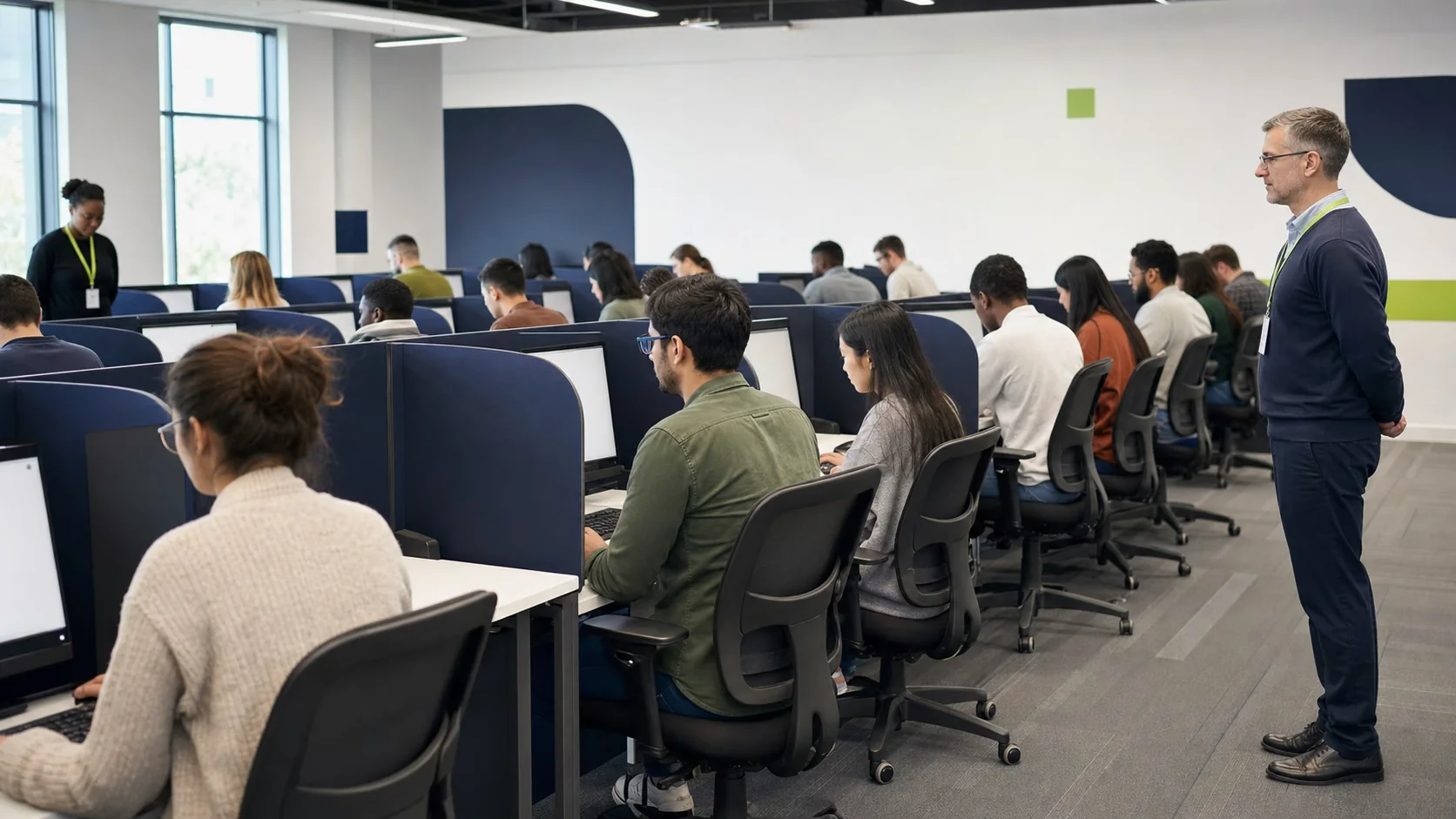 Secure computer-based examination centre with candidates and trained invigilators